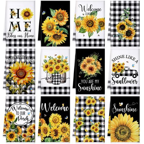 PRICES MAY VARY. Sunflower Styling: our 12 pieces kitchen towels incorporates sunflower theme elements, mainly yellow, black, white colors, with trucks, sunflowers and other patterns, which can be applied multiple times in different seasons; The creative design gives a fresh, natural atmosphere to meet your needs for a special atmosphere Proper Size: designed with a universal size of about 16 x 24 inches/ 40 x 60 cm, our sunflower dish towels fit the requirements of most people; The proper size Summer 4th Of July, Holiday Hand Towels, Holiday Kitchen Towel, Halloween Dishes, Spring Dishes, Funny Tea Towels, Sunflower Kitchen, Yellow Towels, Tea Towel Gift