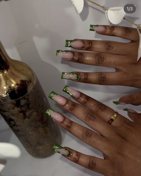 Green And Gold Nail Inspo Acrylic, Green Sets Nails, Unique Green Nails, Gold And Green Prom Nails, Chrome Green French Tip Nails, Green Classy Nails, Green Nature Nails, Hunter Green Acrylic Nails, Green Nail Designs Acrylic