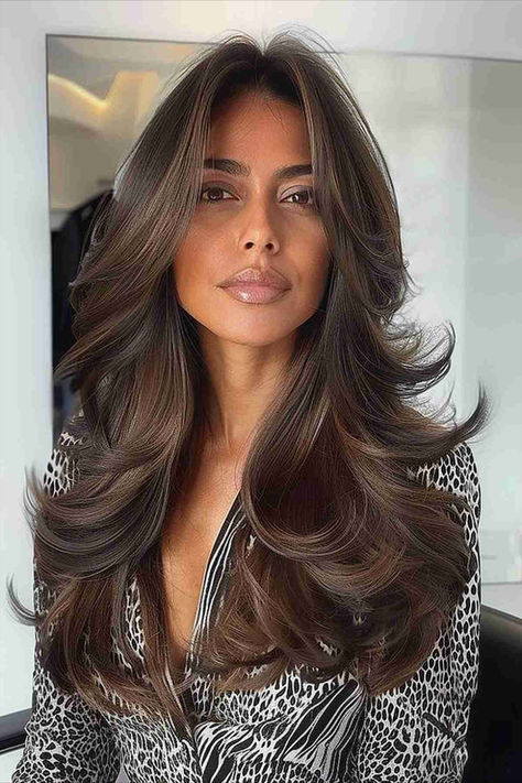 Woman with voluminous blowout long layered hair and curtain bangs. Long Layer Volume Haircut, 90 Blowout Hair Long, Brown Hair Blowout Layers, Long Layer Haircut For Long Hair Bangs, Haircuts Curtain Bangs Layers, Long Layers Haircut Blowout, Women’s Layered Long Haircuts, 90s Big Blowout Hair, Voluminous Hair Blowout