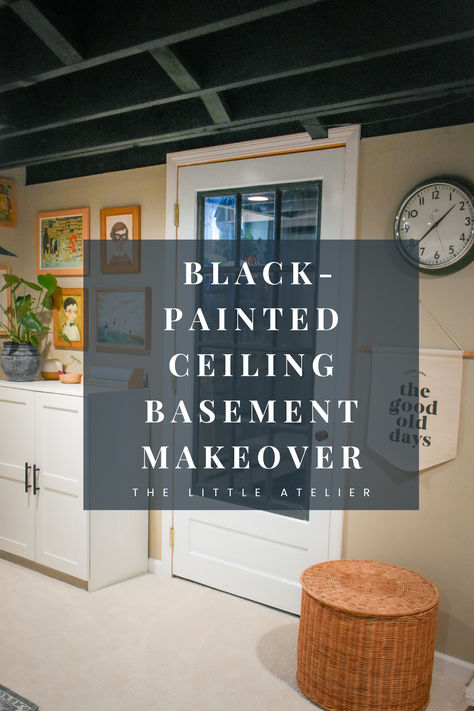 Finish your basement ceilings with black paint for a budget friendly but modern look Basement Remodel With Black Ceiling, Spraying Basement Ceiling Black, Unfinished Basement Low Ceiling, Painting Open Ceiling Basement, Basement Ceiling Black Paint, Painted Basement Ceiling Ideas, 100 Year Old Basement Remodel, Finished Basement No Ceiling, Best Black Ceiling Paint Color