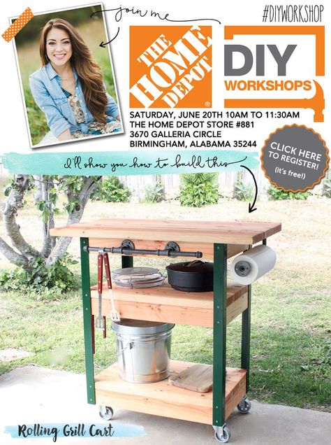 Free #DIYWorkshop at The Home Depot - how to build a rolling grill cart! #grillcart #outdoorentertaining #diy Diy Kitchen Cart, Grill Cart, Home Depot Store, Grill Table, Grill Station, Outdoor Kitchen Bars, Backyard Grilling, Deep Fryer, Diy Workshop