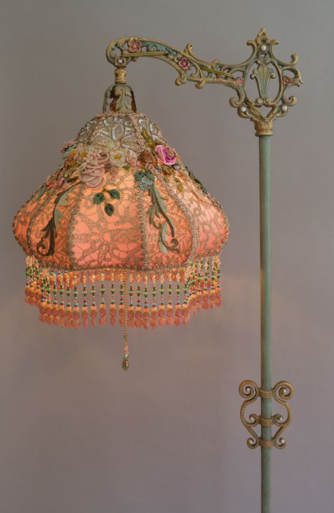 Nightshades - Victorian Lampshade with antique silk ribbon work flowers Bridge Lamp, Victorian Lamps, Lamp Makeover, Victorian Lampshades, Tiffany Lamp, Smart Tiles, Victorian Decor, Ribbon Work, Antique Lamps