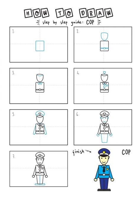 How to draw a cute chibi cartoon cop step by step for children EAsy simple tutorial Police Officer Drawing, Cute Police Officer, Officer Uniform, Chibi Cartoon, Drawing Superheroes, Easy Drawings For Kids, Colouring Printables, Drawing Tutorial Easy, Building For Kids