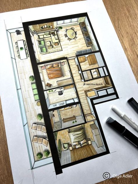 Mastering the Essence of Interior and Exterior Sketching Bathroom Objects, Interior Architecture Sketch, Interior Design Sketchbook, Rendered Floor Plan, Kitchen Objects, Furniture Design Sketches, Architecture Drawing Plan, Interior Design Renderings, Interior Architecture Drawing