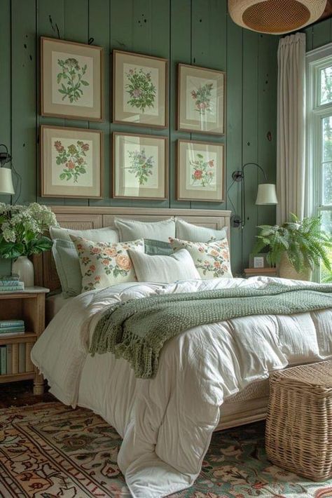 Bedset Ideas Aesthetic, Cottage Bedroom Green Walls, Green Relaxing Bedroom, Guest Bedroom Cottage, Cozy Bedroom With Color, Aesthetic Bedroom Paint Colors, Green Cottage Bedroom Ideas, Blue Green Master Room, Anthro Inspired Bedroom