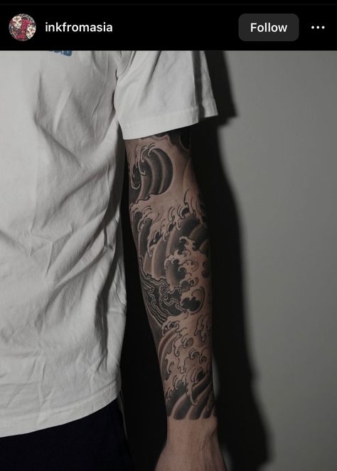 Wave sleeve Japanese Waves Tattoo Sleeve, Waves Sleeve Tattoo, Waves Arm Tattoo, Waves Forearm Tattoo, Japanese Wave Sleeve, Forearm Wave Tattoo, Arm Japanese Tattoo, Japan Sleeve Tattoo, Mens Japanese Sleeve Tattoos