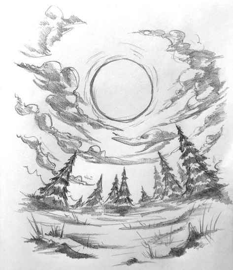 Drawing Sketches Nature, Clouds Drawing Tattoo, Nature Drawings Simple Sketch Landscape, Landscapes To Draw, Inspo Sketch, Landscape Pencil Drawings, Art Cinema, Drawing Scenery, Seni Vintage