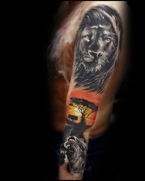 Lions With Sunset Africa Safari Guys Arm Sleeve Tattoo Africa Tattoo Ideas, Tattoos Africa, Safari Tattoo, Background Tattoo Design, Safari Background, Lioness And Cub Tattoo, Africa Tattoo, African Sleeve Tattoo, Teacher Tattoos