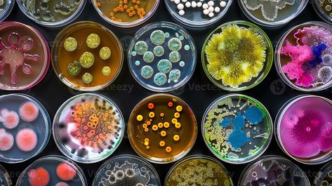 A diverse array of colorful bacteria cultures in Petri dishes. Microbial samples in various forms. Concept of microbiology, laboratory research, scientific studies, biological diversity Petri Dishes Bacteria, Petri Dish Bacteria, Mold Photography, Microbiology Laboratory, Petri Dish Art, Decay Art, Dish Art, Biological Diversity, Growth And Decay