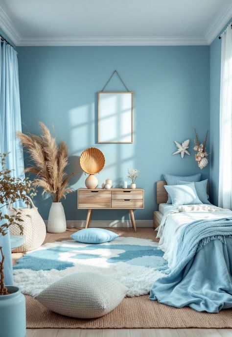 Blue Boho Girls Bedroom Light Blue Curtains Bedroom Ideas, Light Blue Small Bedroom, Blue Bedrooms For Girls Ideas, Serene Blue Bedroom, Light Blue Bedroom Ideas For Teens, Ocean Theme Kids Room, Beach Bedroom Ideas For Teens, Girls Bedroom Ideas Blue, Blue Boho Aesthetic