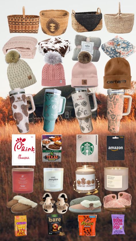 It’s fall! Make your bestie a gift box!!🍁✨🍂🫶🏼 #fall #western #autumn #fallgirlaesthetic #carharrt #country #thanksgiving #preppy #giftbasket #besties Christmas Gift Ideas Country Girl, Western Gift Box Ideas, Western Christmas Ideas Gifts, Country Christmas Wish List, Western Boo Basket, Western Basket Ideas, Country Christmas List Ideas, Country Girl Gift Ideas, Western Gift Basket Ideas