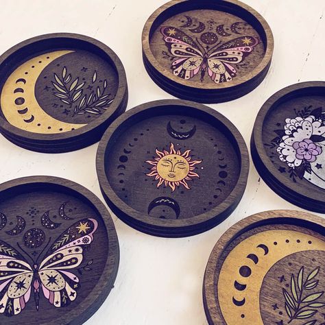 New product alert! Brand new hand painted jewelry trinket dishes from Topaz & Pine just hit the website! These make such a pretty place to stash your odds and ends or to showcase your most precious petite prized possessions - little celestial handmade, wooden trinket dishes that will brighten any dresser, vanity, countertop or nightstand! Handmade in Spruce Grove, Alberta. Trinket Dish Painting Ideas, Trinket Collection, New Product Alert, Dresser Vanity, Jewelry Trinket, Vanity Countertop, Painted Jewelry, Hand Painted Jewelry, Odds And Ends