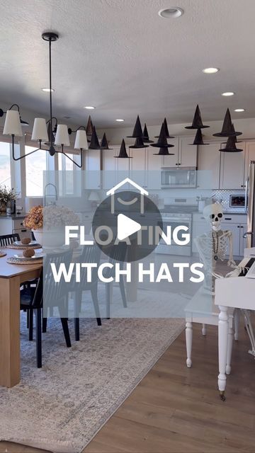 Elise Hunter | DIY & HOME on Instagram: "FlOATING WITCH HATS!! The easiest and most affordable Halloween decorations! #witchhats #halloweendecor" Witch Hats From Ceiling, Hanging Witch Hats And Candles, Witch Hat From Ceiling, Hanging Witches Hats With Lights, Floating Hats Halloween, How To Hang Floating Witch Hats, Diy Floating Witch Hats, Hanging Witch Hats Indoor, Floating Witch Hats Porch