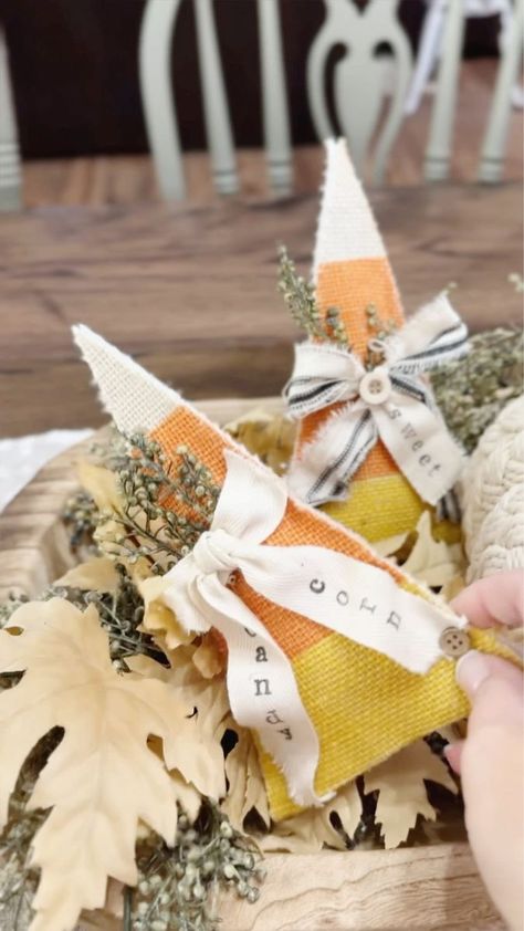 🤍🧡💛 Using a Dollar Tree Candy Corn Garland to Create the Cutest Bowl Fillers! | 🤍🧡💛 I used a Dollar Tree Candy Corn Garland to Create these Cute Burlap Bowl Fillers! 👀 Stay tuned to see how I used the other triangles left over from... | By Hammons Nest | Facebook Dollar Tree Candy Corn Garland, Burlap Candy Corn, Hammond Nest, Candy Corn Garland, Hammons Nest, Corn Garland, Diy Candy Corn, Halloween Bowl Fillers, Corn Craft