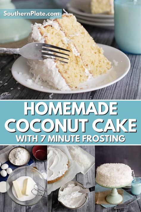 Cake With 7 Minute Frosting, Coconut Cake Frosting, 7 Minute Icing, Coconut Cake From Scratch, Homemade Coconut Cake, Homemade Coconut Cake Recipe, Vanilla Homemade, Best Coconut Cake Recipe, 7 Minute Frosting