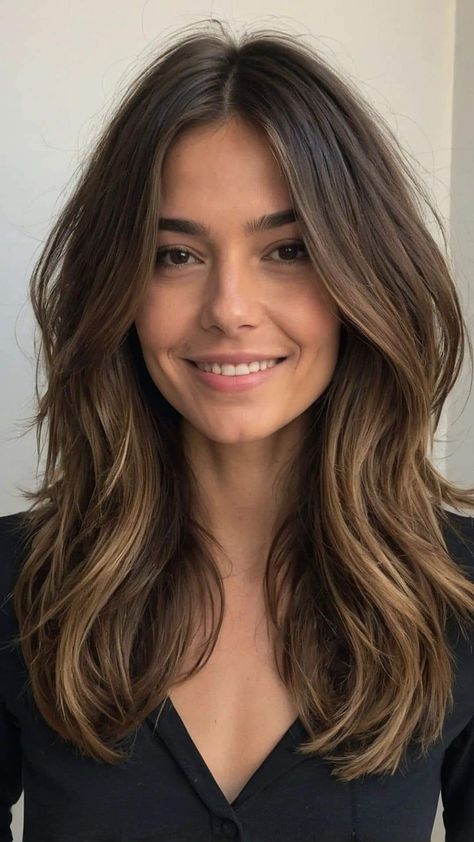 Fine Hair Cuts Medium Length, Long Bob Choppy Layers, Wispy Wavy Hair, Shoulder Length Haircut With Layers Bangs, Medium Long Length Haircut Brunette, Side Part Long Wavy Hair, Shoulder Length Burnett Hair, Subtle Curls Medium Hair, V Shaped Haircut With Layers Medium Shoulder Length