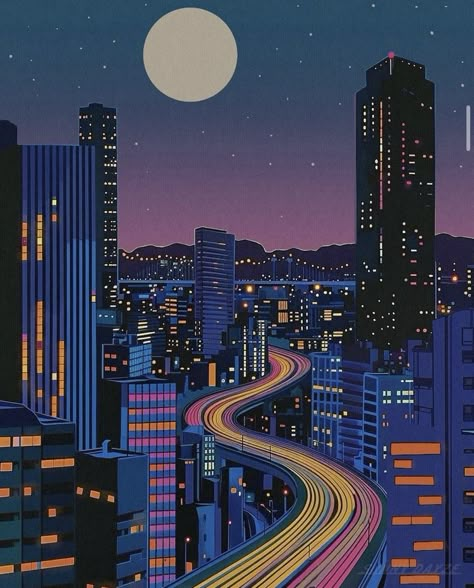 City Pop Background, City At Night Illustration, Vaporwave City Aesthetic, Hiroshi Nagai Wallpaper Iphone, Lofi Aesthetic Wallpaper Night, Retro City Aesthetic, City Pop Wallpaper, Balcony Aesthetic Night, Retro Pop Aesthetic