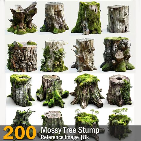 Mossy Tree Stump | Reference Images | 8k,  on ArtStation at https://www.artstation.com/artwork/49D2B4 Mossy Tree Stump, Tree Stump Reference, Tropical Bushes, Log Illustration, Isometric Tree, Forest And Beach, Stone Waterfall, Beach Trees, Nature Reference