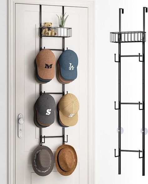 Amazon.com: HapiRm Over Door Hat Rack - Hat Organizer for Baseball Caps, Wall Mounted Hat Holder with 6 Hat Hooks and Metal Basket Design, Hanging Hat Storage Up to 32 Caps for Door, Bedroom, Closet (Black) : Home & Kitchen Ballcap Storage, Hat Organizer, Door Bedroom, Hat Wall, Hanging Hats, Metal Basket, Hat Organization, Hat Holder, Hat Hanger