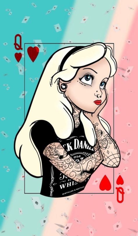 Disney Dark Aesthetic, Dark Disney Aesthetic, Dark Disney Art, Alice In Wonderland Cartoon, Cards Tattoo, Cards Wallpaper, Goth Disney Princess, Art Deco Tattoo, Goth Disney