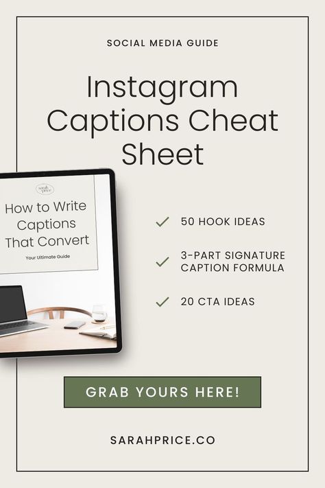 Ready to improve your conversions from social media and make writing Instagram captions a breeze? This social media cheat sheet is full of Instagram tips for businesses to help you learn how to write captions for Instagram, including what to write for Instagram captions that convert, how to write Instagram captions that sell, and Instagram caption formulas to boost engagement! With Instagram hook ideas, caption copywriting formulas, and call-to-action ideas, this guide has it all! Writing Cheat Sheet, Writing Captions, How To Write Better, Hook Ideas, Social Media Cheat Sheet, Write Better, Social Media Guide, Better Instagram, Content Marketing Plan