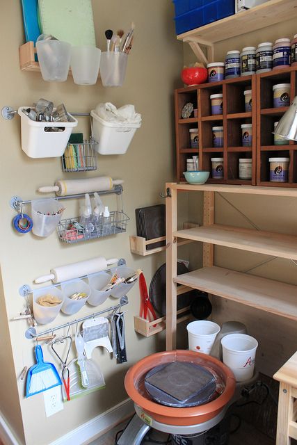 Various good storage ideas; remember to use shallow storage for glazes, so you can see which is which easily[by tashamck, via Flickr] Good Storage Ideas, Studio Layout, Art Studio Space, Ceramic Tools, Art Studio At Home, Cerámica Ideas, Ceramic Workshop, Pottery Workshop, Studio Organization