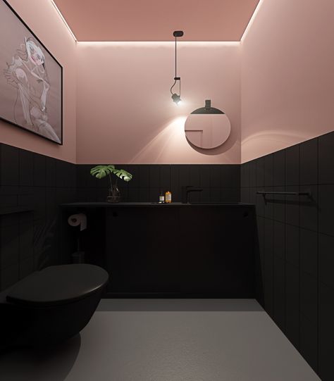 Pink And Black Toilet, Black White And Blush Bathroom, Black Pink Bathroom Ideas, Pink Toilet Ideas, Black White And Pink Salon Ideas, Bathroom Pink And Black, Blush Pink And Black Bathroom, Rose Pink And Black Bedroom, Pink Black Bathroom Ideas