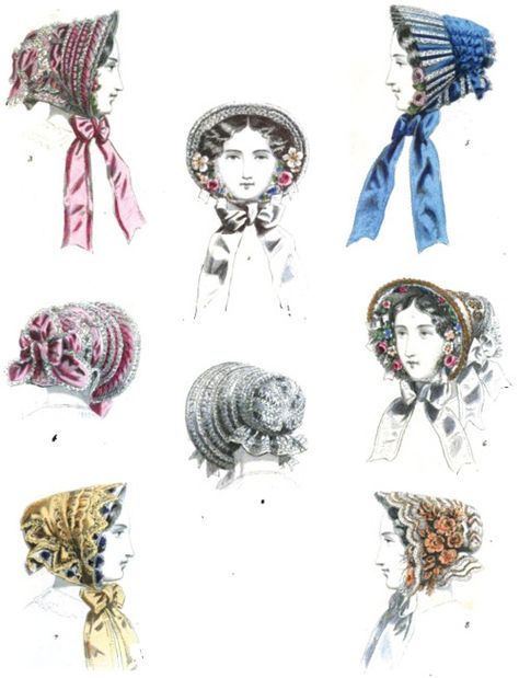 Early Victorian Bonnets | Early Victorian Era Ladies' Headwear - May 1852 Le Moniteur de la Mode Victorian Era Hats, Victorian Bonnet, Victorian Fashion Women, Garden Dinner, Victorian Vampire, Victorian Hats, Fashion Dictionary, Fashion Illustration Vintage, Historical Reenactment