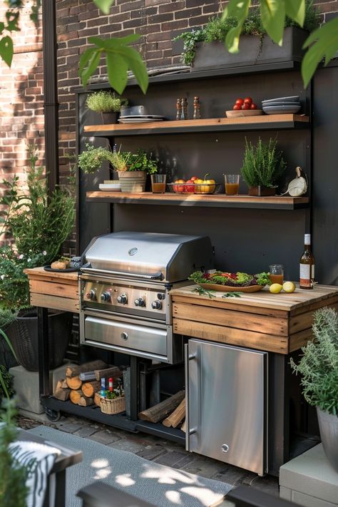 Grilling Set Up Ideas, Small Grill Patio, Balcony Bbq Grill Small Spaces, Outdoor Kitchenette Ideas, Small Garden Dining Area, Bbq Areas Outdoor Patio, Backyard Barbeque Design, Small Outdoor Bbq Area, Outdoor Kitchen Small Space