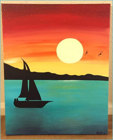 Cool Sunset Paintings Easy, Things To Paint On Canvas Sunset, Sunset Pictures Painting, Sailboat Canvas Painting, Sunset Colors Painting, Sunset Painting Beginner, Sailboat Sunset Painting, Poster Painting Easy, Drawings Of Sunsets