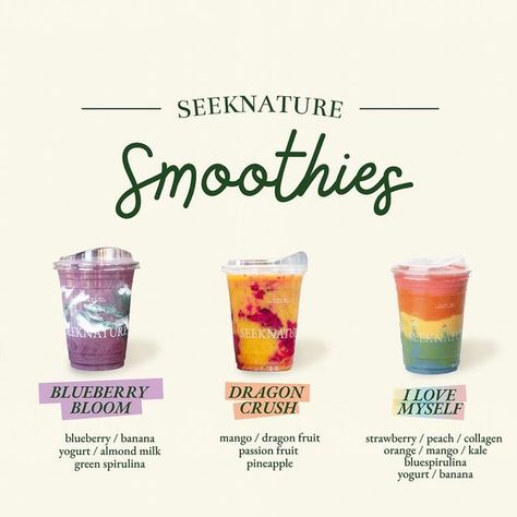 SEEKNATURE on Instagram: "Boost your health with our irresistibly fresh smoothies ✨ 🍏  Tell us which one is your favorite!  Seeknature gardening cafe Coffee, Bakery, Workshop Keto, Smoothies   We open daily 8AM - 6PM" Smoothie Cafe Design, Beverage Design Packaging, Smoothies Packaging, Juice Shop Design, Shake Packaging, Bakery Workshop, Smoothie Instagram, Smoothie Packaging, Coffee Shop Drinks