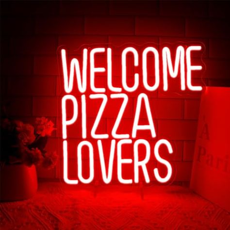 Qaero Welcome Pizza Lovers Neon Sign, Dimmable Red LED Pizza Storefront Neon Light Sign, Pizza Signage Welcome Wall Sign, USB Powered for Bar Room Kitchen Hotel Shop Store Wall Decor Personalized Pizza Restaurant Design Interior Ideas, Pizza Signage, Pizza Sign, Pizza Store, Welcome Wall, Fun Vibes, Pizza Restaurant, Bar Room, Novelty Lighting