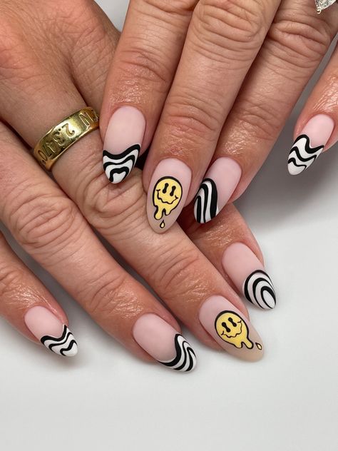 #trippynails #summernails #smileynails #meltingsmileyface #blackandwhitenails Trippy Almond Nails Designs, Acrylic Nails With Different Designs On Each Nail, Funky Festival Nails, Trippy Almond Nails, Fun Nail Tip Designs, Drippy Smiley Face Nails, Sick Nail Designs, Lost Lands Nails, Funky Pedicure