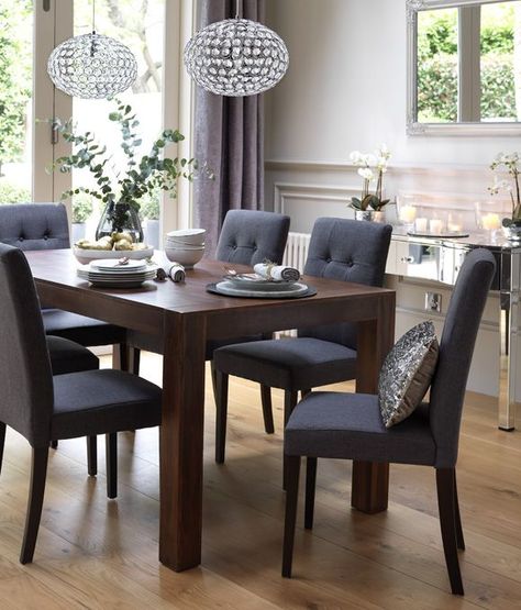 Dark Wood Dining Room Table, Brown Dining Room Table, Dark Wood Dining Room, Grey Upholstered Dining Chairs, Dark Wood Dining Table, Dark Dining Room, Brown Dining Room, Rustic Dining Furniture, Dark Wood Table