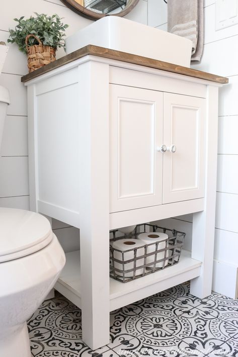 DIY Farmhouse Style Vanity Combo Vessel Sink Wood Counter Vanity Vessel Sink, Vessel Sink Bathroom Vanity, Vessel Sink Vanity, Small Bathroom Sinks, Small Bathroom Vanities, Downstairs Bathroom, Vessel Sink Bathroom, Upstairs Bathrooms, Bathroom Sink Vanity