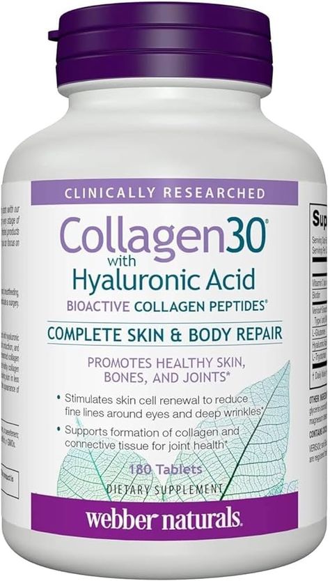 Webber Naturals Collagen30 with Hyaluronic Acid, Bioactive Collagen Peptides, 180 Tablets, Helps Reduce Joint Pain, Eye Wrinkles and Fine Facial Line : Amazon.ca: Health & Personal Care Collagen Peptides Benefits, Collagen Tablets, Collagen Rich Foods, Collagen Pills, Eye Wrinkles, Collagen Benefits, Collagen Supplements, Protein Synthesis, Eye Wrinkle