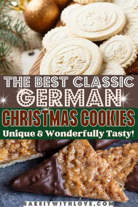 A collage pin with two images of springerle and nussecken German Christmas cookies and text divider. German Candy Recipes, Traditional Christmas Treats, Russian Rock Cookies Recipe, Fancy Christmas Cookies Recipes, German Biscuits Recipes, German Shortbread Cookies, Scandinavian Cookies Recipes, Hungarian Christmas Recipes, Ukrainian Cookies Recipe