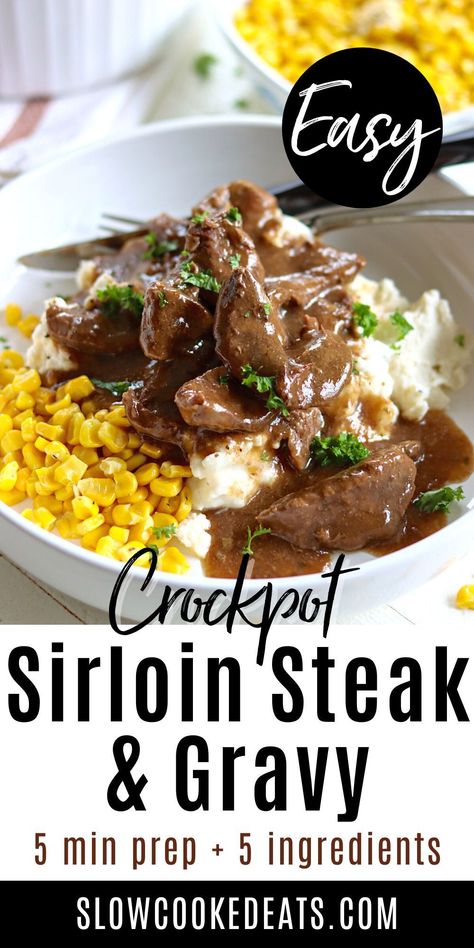 If you're looking for an easy, delicious beef recipe for dinner, you can't go wrong with Crock Pot Sirloin Steak with Gravy. This comfort food favorite is made with just five simple ingredients and is ready in no time. Plus, it cooks low and slow in a crock pot for a perfect, tender and juicy steak! The perfect busy weeknight dinner idea! Top Sirloin Recipes Easy, Crock Pot Steak And Gravy, Filet Crockpot Recipes, Tenderized Sirloin Tip Steak Recipes, Petite Top Sirloin Steak Recipes, Sirloin Steak In Crockpot Slow Cooker, Boneless Beef Sirloin Tip Steak Recipes, Tenderized Sirloin Steak Recipes, Dinner With Sirloin Steak