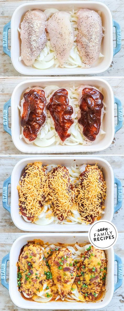 FAVE Family Dinner! Kid friendly and grown up approved, this easy chicken breast dinner is crowd pleaser! This Cheesy Bacon BBQ Chicken will remind you of your favorite smokehouse dish at Chilis! Made with tender chicken breast, topped with tangy BBQ sauce, then smothered in cheese and crispy crumbled bacon all baked right over sweet onions for the best one pan dinner recipe. Bbq Cheese Chicken, Easy Dinners For Two Chicken, Easy Simple Healthy Dinner Recipes, Summer Chicken Bake, Single Pan Dinners, Cheesy Bbq Chicken Bake, One Pan Chicken Dinner Baking, Easy Quick Chicken Breast Dinner, Kids Friendly Dinner Ideas