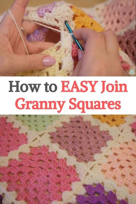 Granny Square Together, How To Crochet Squares Together Blankets, How To Join Crochet Granny Squares Together, Sewing Granny Squares Together Blankets, Crochet As You Go Granny Square, How To Sew Crochet Granny Squares Together, Join Granny Squares Crochet Easy, How To Make A Granny Square Blanket, Crochet Together Granny Squares