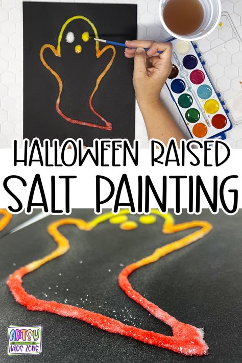 Photo os a Ghost Raised Salt Painting. Pumpkin Salt Painting, Low Prep Halloween Craft, Spider Web Salt Painting, Halloween Salt Painting, Halloween Preschool Crafts Art Projects, Halloween Early Years Activities, Preschool Halloween Art Projects, Easy Halloween Art Projects For Kids, Trick Or Treat Crafts For Kids