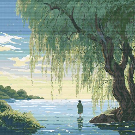 Weeping Willow Tree Scene 1 cross-stitch pattern digital download, printable PDF (colored and uncolored versions), 250 x 250, complete with list of needed cross-stitch floss/thread. Willow Tree Aesthetic Painting, Willow Tree Pictures, Weeping Willow Tree Aesthetic, Willow Tree Aesthetic, Weeping Willow Painting, Willow Tree Drawing, Willow Tree Painting, Tanya Core, Willow Tree Art