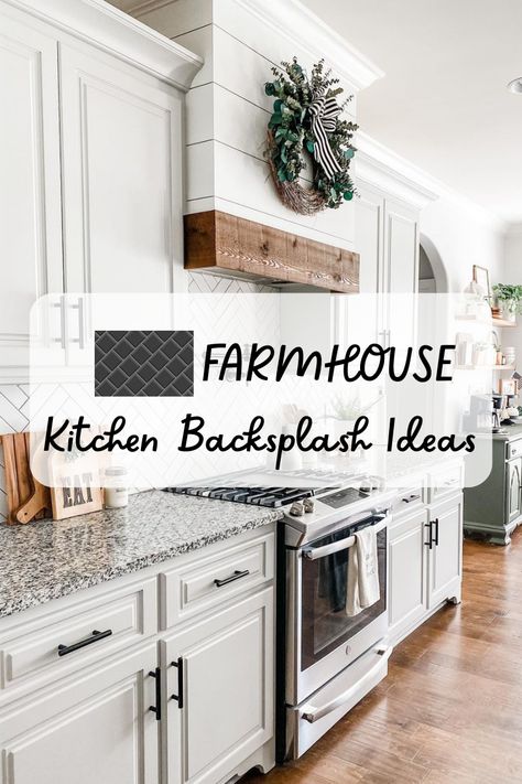 Vintage Inspired Backsplash, White Kitchen Cabinets Brick Backsplash, White Washed Backsplash Kitchen, Rustic Kitchen Backsplash With White Cabinets, Simple Farmhouse Kitchen Backsplash, White Kitchen Cabinets With Dark Wood Floors Backsplash Ideas, Gray Brick Backsplash Kitchen, Farmhouse Kitchen Subway Tile Backsplash, Farmhouse Stove Backsplash