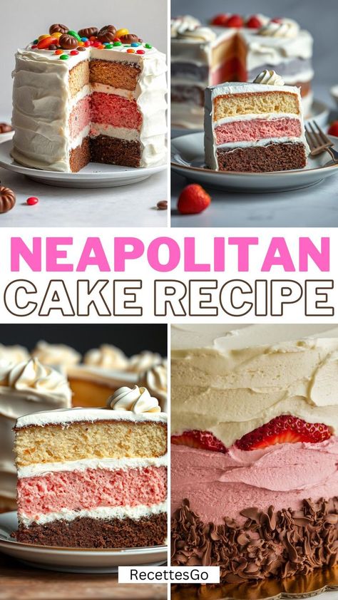 Neapolitan Cake Recipe Neopolitan Cake, Neapolitan Cake, What Is Healthy Food, Chocolate And Strawberry, Decadent Chocolate Cake, Strawberry Chocolate, Classic Cake, Vanilla Chocolate, Decadent Chocolate