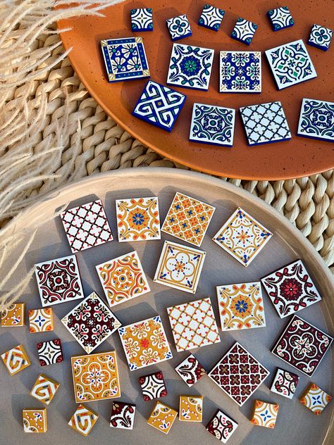 More new designs up on www.glitterydaisyy.com ❤️ Peranakan Tiles, Traditional Tile Design, Clay Arts, Jewelry Store Design, Ceramic Jewellery, Clay Keychain, Homemade Home Decor, Dining Ware, Clay Canes