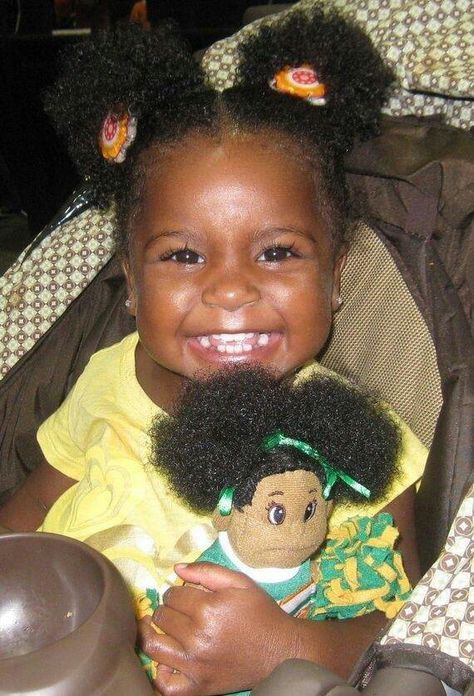 Dolly's got puffs too! Black Toddler Hairstyles, Daughter Hairstyles, Sweet Hairstyles, Curly Kids, Beautiful Black Babies, American Hairstyles, Toddler Hairstyles Girl, Afro Puff, Brown Babies