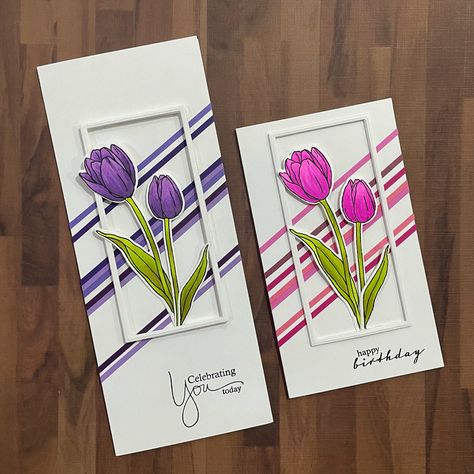 Tulip Cards, Handmade Greeting Card Designs, Card Backgrounds, Handmade Bookmarks Diy, Tulips Card, Creative Birthday Cards, Slimline Cards, Daisy Cards, Birthday Card Craft