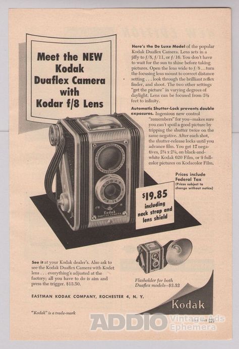 Kodak Duaflex #Camera '40s Print Ad Vintage #Photography Advertisement Kodar 1949 #Kodak Old Camera Aesthetic, Photography Advertisement, Kodak Pictures, Fotocamere Vintage, Kodak Camera, Antique Cameras, Vintage Advertising Posters, Classic Camera, Old Cameras