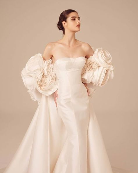 Nicole And Felicia, Nicole Felicia Couture, Nicole Felicia, Detachable Train Wedding Dress, Satin Mermaid Wedding Dress, Satin Bridal Gowns, Chic Wedding Dresses, Sarah Seven, Wedding Dresses With Flowers