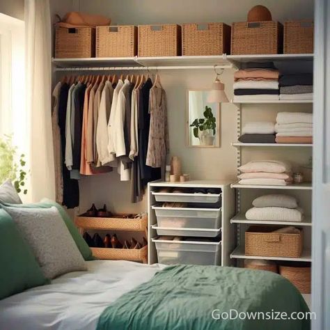 This minimalist bedroom keeps its vanity and storage area by the wall with open shelves, containers, and a rod to hang clothes on. Bedframe Storage, Open Wardrobe Ideas, Exposed Closet, Storage Ideas For Small Bedrooms, Ideas For Small Bedrooms, Small Bedroom Storage, Open Wardrobe, Closet Organization Ideas, Open Closet